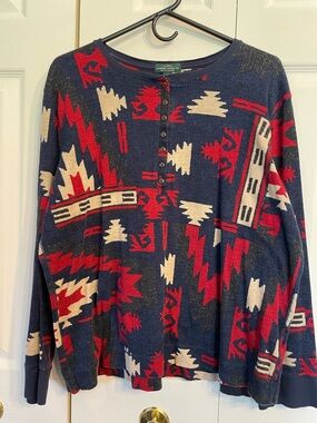 Ralph Lauren Navy, Red & Cream Aztec Long Sleeve Henley Tee